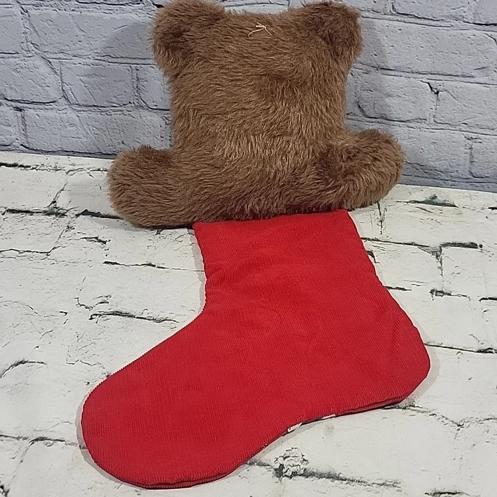 Vintage Teddy Bear Christmas Stocking Red Corduroy Classic Traditional‎
